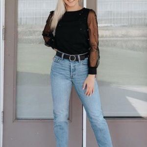 Faux Pearl Sheer Mesh Sleeve Top